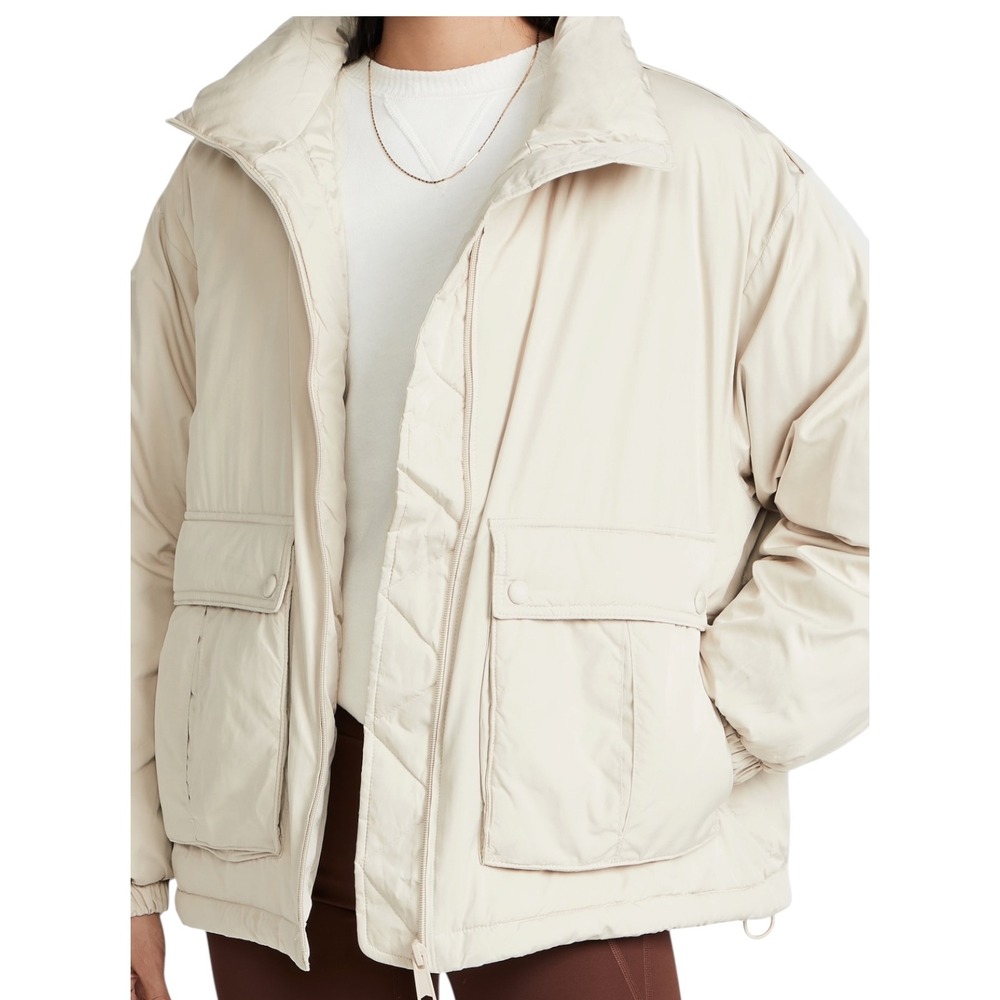 Free People Duvet Bomber‎ Jacket Full Zip Puffer Coat Cream Size XS Cargo Pocket